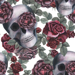 Seamless pattern Scull and dark roses flowers and leaves isolated on white background. Watercolor hand drawn illustration. Art design mystical graphics Halloween witch fabric and textile decoration