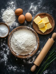 Bakery background, baking ingredients over rustic kitchen countertop. Baked cookies with hazelnuts, rye bread, milk and eggs. Top view, copy space.