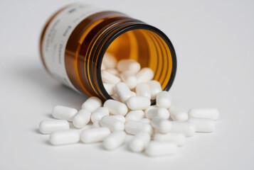 White pills spilling from an open brown glass bottle on white background
