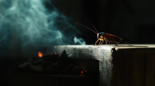A cockroach on a dark surface, surrounded by smoke and embers - Powered by Adobe