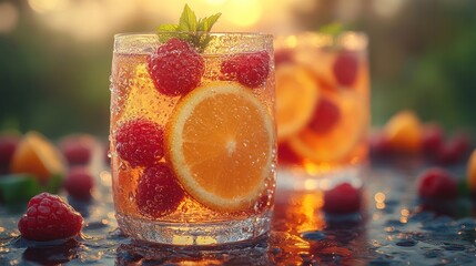 Sunset sangria with citrus slices and berries, condensation forming on the glass