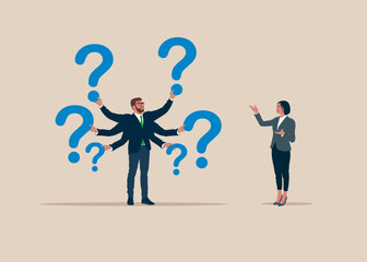 Six hands. The businessman has question marks in his six hands. Thinking of who what where when why and how. Girl asking questions for solution to solve problem, business analysis to new idea. Vector
