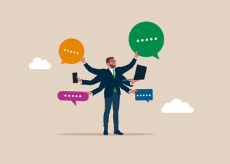 Six hands. The businessman has speech bubbles in his six hands. Work priority,  task management. Discussion, conversation, meeting, team communication. Flat vector illustration
