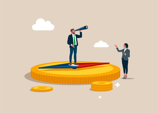 Business vision. Businessman standing on direction compass with coin. Financial strategy or business and stock market outlook. Modern vector illustration in flat style 