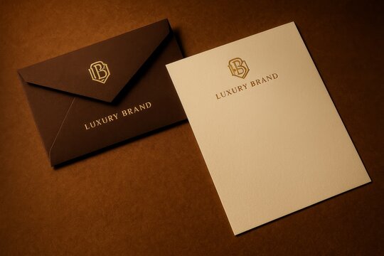 Luxury brand stationery mockup with envelope and letterhead on brown background for elegant corporate identity presentation