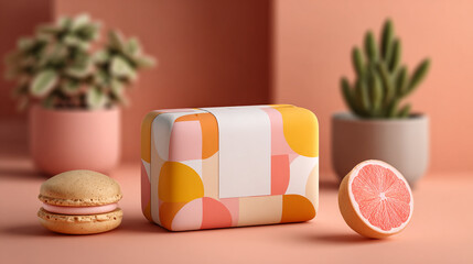 Still life featuring a patterned box, a macaron, grapefruit, and two potted plants on a pink surface.