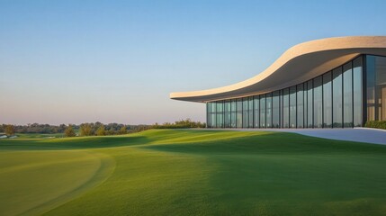 Fototapeta premium Modern Golf Club Glass Facade and Lush Green Course under Blue Sky, Architecture , Landscape