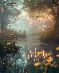 misty glade with oversized glowing flowers, fairy lights floating mid-air, reflective pond surface