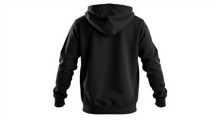 Back view of a minimalist black hooded sweatshirt isolated on a white seamless background.