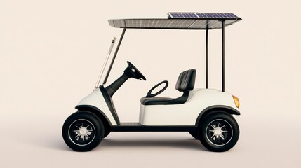 Modern White Golf Cart with Solar Panel Roof, Alternative Energy, Electric Vehicle