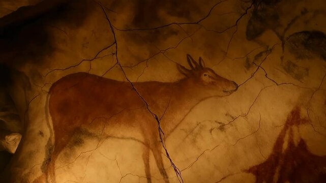 
Cinematic dolly shot revealing prehistoric cave paintings of deer on ancient stone wall with atmospheric lighting. 