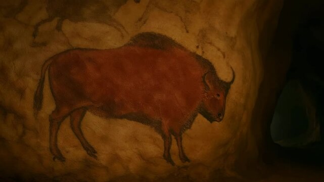 Smooth horizontal tracking shot of ancient bison cave paintings on prehistoric stone wall. 