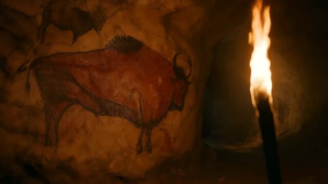 Dramatic torch flame illuminating ancient cave paintings with flickering light on prehistoric stone wall. Dancing shadows reveal paleolithic rock art details perfect for historical content.