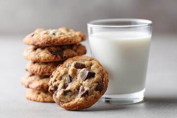 Chocolate chip cookies stacked beside milk glass