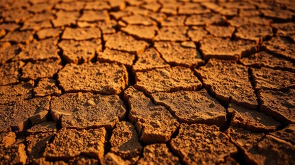 Fototapeta premium Dry cracked earth surface reveals an arid landscape, a testament to drought and the relentless sun.