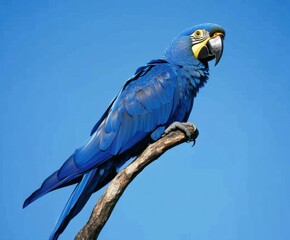 Blue Hyacinth Macaw Perched on a Branch. Side View, with copy space