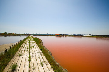 landscape from Lake Atanasovsko Salt located near Burgas in Bulgaria Famous for its pink color, Desalination lake now used for treatments