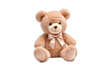 Obraz premium Adorable beige teddy bear with a satin bow, sitting on a transparent background. background removed