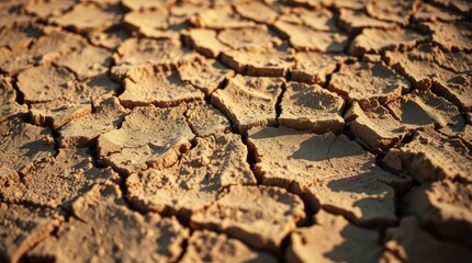 Fototapeta premium Parched earth displays cracked dry surface, showing signs of drought and climate change impact.