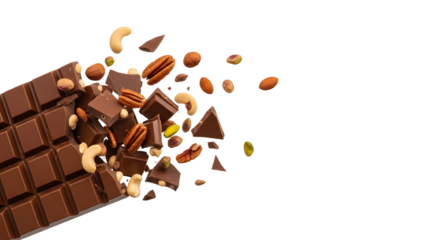 Exploding Chocolate Bar with Mixed Nuts (Pecan, Cashew, Almond, Pistachio) Isolated on Transparent Background PNG