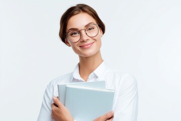 Female teacher holding books and smiling on white