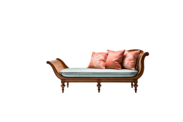 Elegant wooden chaise lounge with light blue cushion and coral patterned pillows. background removed