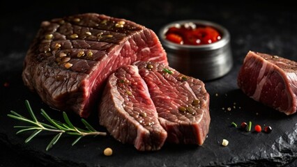 raw beef steak with rosemary
