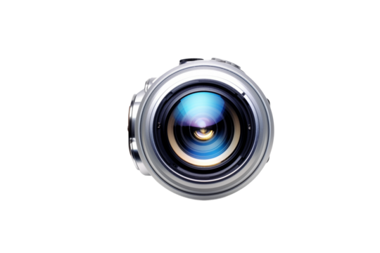 Close-up of a camera lens, showcasing its intricate design and optical elements. background removed