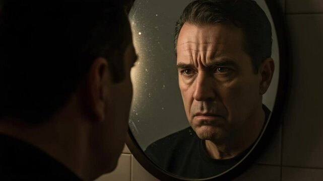 Man looking intently at his reflection in a bathroom mirror  