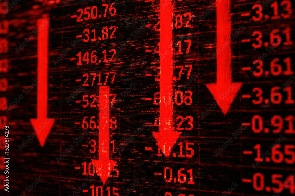 Poster stock market decline inflation recession concept with red arrows pointing down and negative numbers 