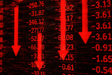 Stock market decline inflation recession concept with red arrows pointing down and negative numbers on digital screen showing economic downturn and financial loss