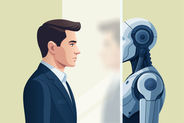 Man opposite robot with artificial intelligence. Concept of personality dissolution and disappearance due to AI. Vector illustration.