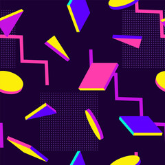 Colorful 80s Memphis Seamless Pattern with Geometric Shapes