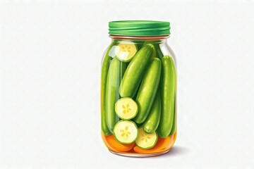 pastel Illustration of a jar with pickled cucumbers on a white isolated background