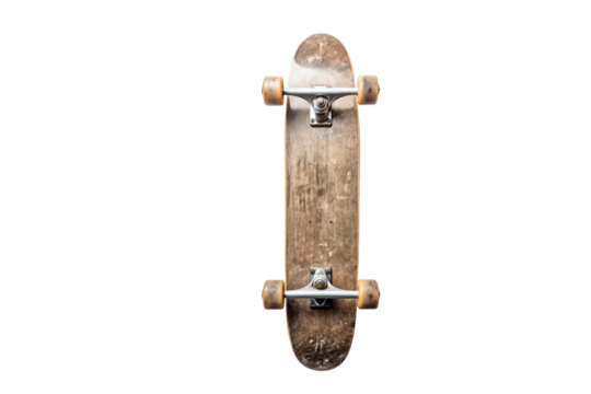 A well-worn skateboard viewed from above, showcasing its aged wooden deck and metal trucks. background removed