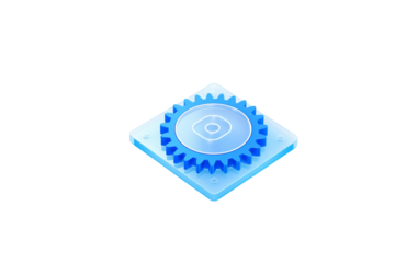 Isometric 3D render of a blue gear on a transparent square platform, symbolizing settings or configuration. background removed