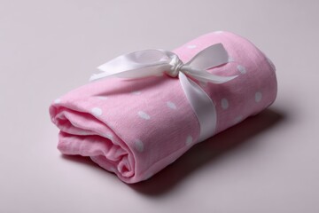 Swaddle blanket folded and tied with ribbon on white