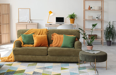 Interior of modern living room with stylish sofa and houseplants