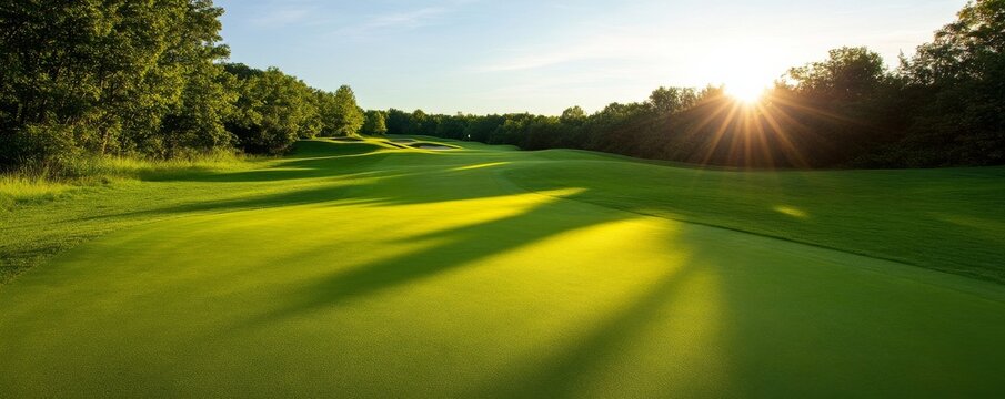 Sunlit Green Fairway Golf Course at Dawn, golf, sunshine