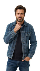 Man with beard wearing a denim jacket and black shirt posing with hand on chin in front of black background on transparent background