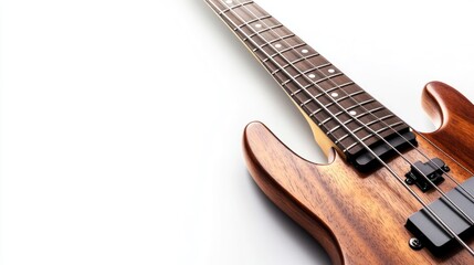 Naklejka premium A bass guitar with a smooth neck and strings, space for text on the right, set against a white background