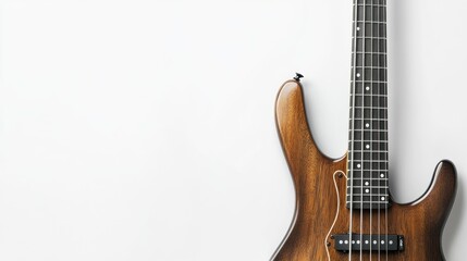 Obraz premium A bass guitar with a smooth neck and strings, space for text on the right, set against a white background