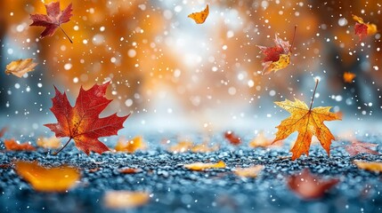 Autumn leaves falling against a blurred, snowy, and colorful background