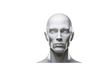 A white male mannequin head, bald, facing forward, isolated on transparent background. background removed
