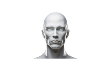 A white male mannequin head, bald, facing forward, isolated on transparent background. background removed