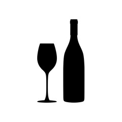 wine bottle and glass , Silhouette of wine bottle and glass against a white background on white background , no background
