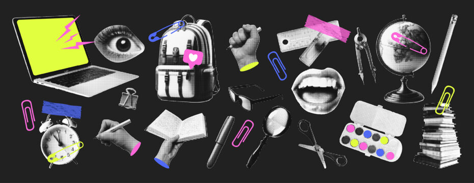 
Trendy school elements retro halftone collage elements. Vector illustration on the theme of education, study, university for mixed media design isolated background.