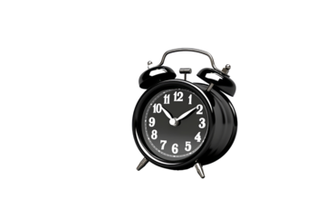 A classic black alarm clock, isolated on a transparent background, showing the time. background removed