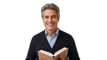 Man with gray hair smiling while holding an open book in front of a black background studio shot on transparent background
