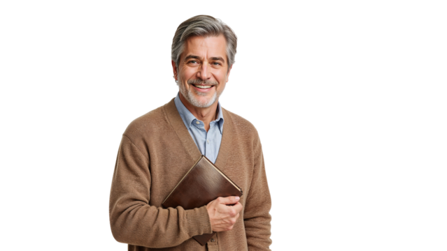A smiling mature man holding a book wearing a cardigan on a transparent background studio shot
